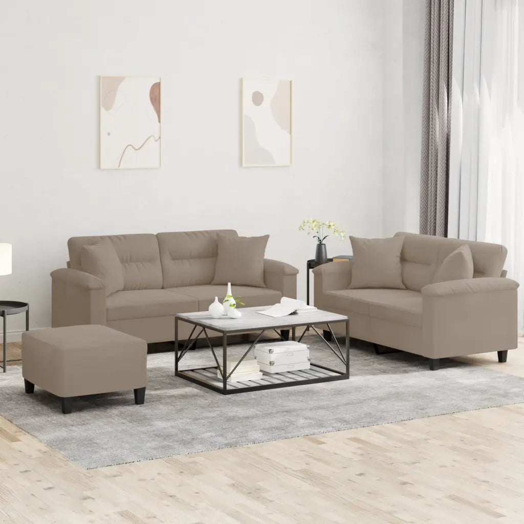 Set Divani 3 pz con Cuscini tortora in Tessuto Microfibra