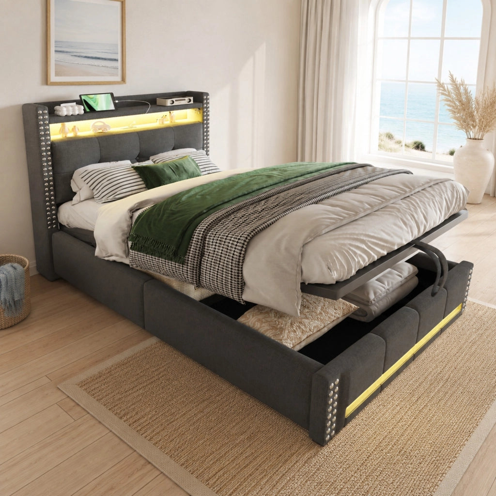 Letto imbottito singolo 90x200 cm con LED; USB e contenitore idraulico; grigio