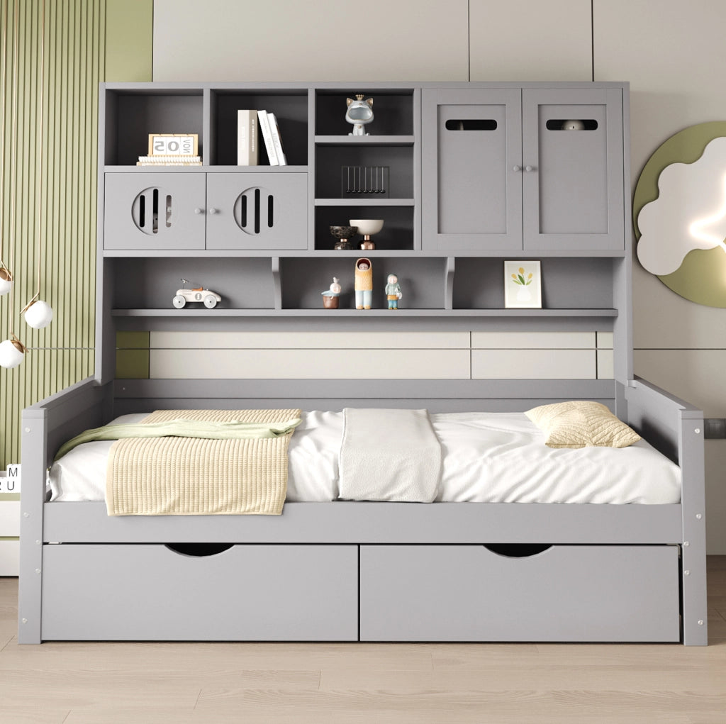 Letto singolo multifunzionale 90x200 cm con cassetti e vani contenitivi grigio