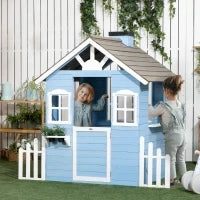 Casa per Bimbi 3-7 Anni con Staccionata, Portavasi, Porta e Finestre, in Legno di Abete, 151x112.5x142 cm, Blu