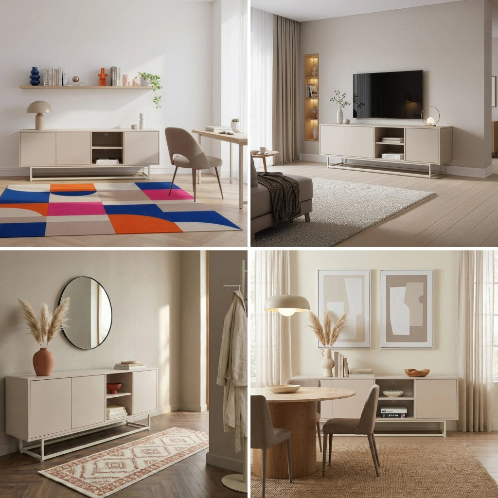 Armadietto Boxholm Credenza Bassa con 3 Ante Push-Open e 2 Vani Aperti 160x30x57 cm Avena Oatmeal [en.casa]