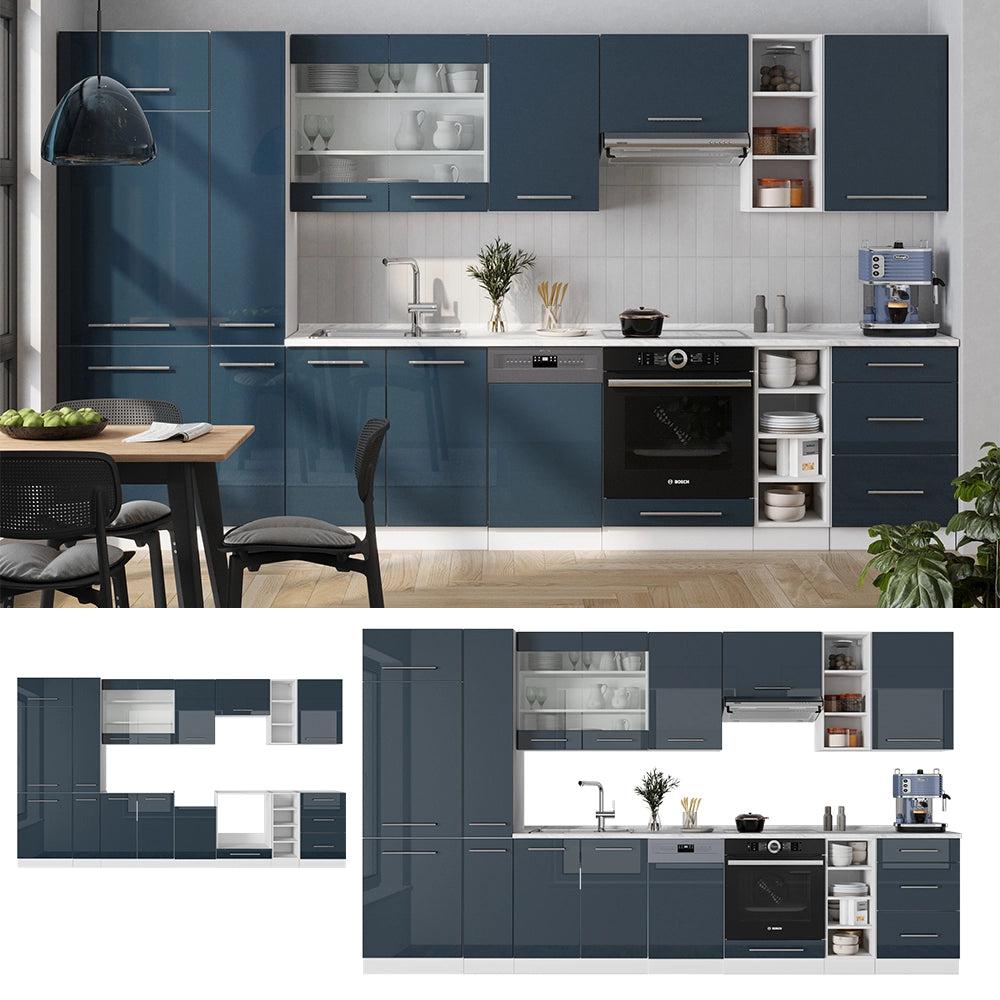 Cucina componibile Fame-Line Blu scuro lucido/Bianco 355 cm, PL Marmo Vicco