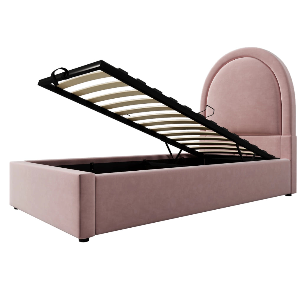 Letto imbottito 90x200 cm in velluto rosa con contenitore; rete a doghe e materasso