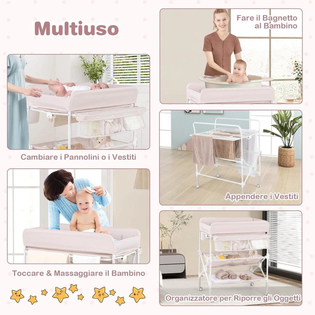 Fasciatoio Pieghevole Neonato, Fasciatoio Portatile con Altezza Regolabile, Comodino per Pannolini con Ruote di Bloccabili, 2 Ripiani, Porta Asciugamani, Cestino di Rifiuti (Beige)