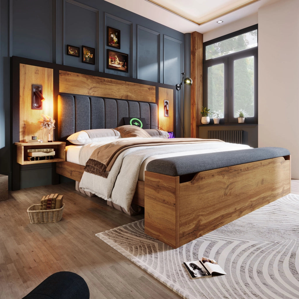 Letto Contenitore 180×200 cm; Letto Matrimoniale con Vano e Testiera Imbottita; senza Materasso; in Lino; Beige
