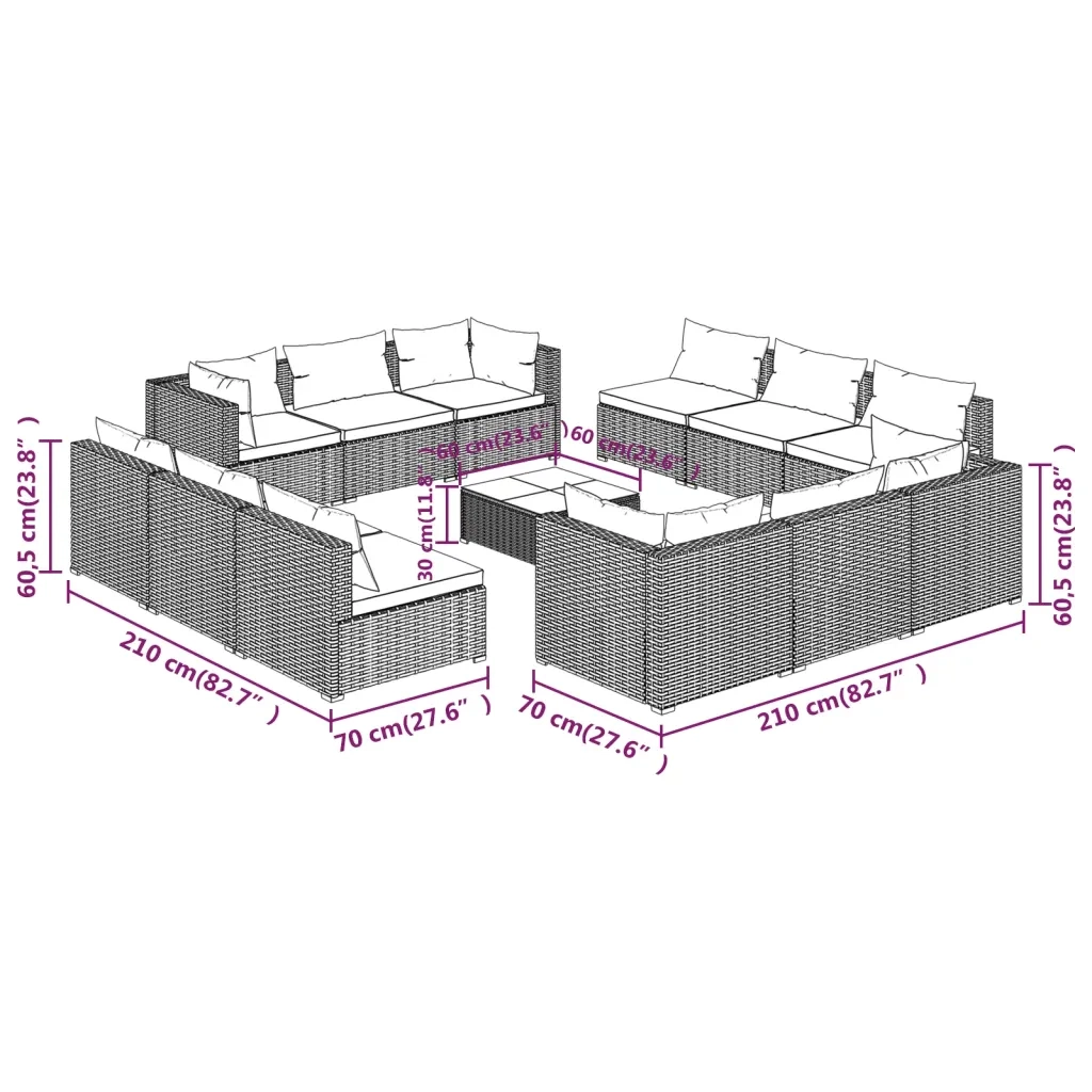 Set Divani da Giardino 13 pz con Cuscini in Polyrattan Marrone cod mxl 38870