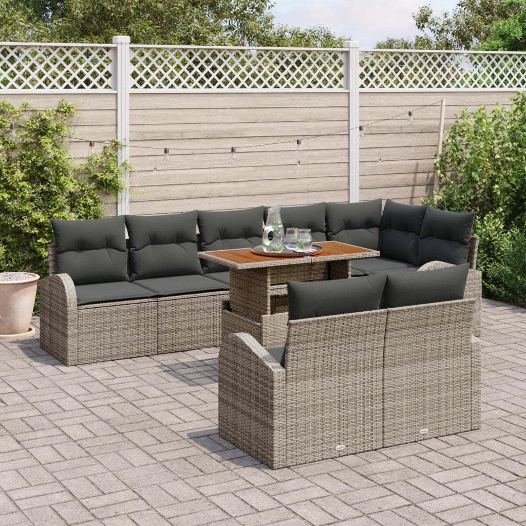 Set da Pranzo da Giardino 9 Pezzi con Cuscini Grigio in Polyrattan e Acacia
