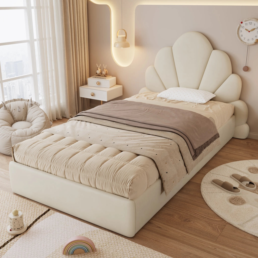 Letto Singolo 90 x 200 cm - Testiera a Petali e Tavolini Laterali - in Velluto - Beige