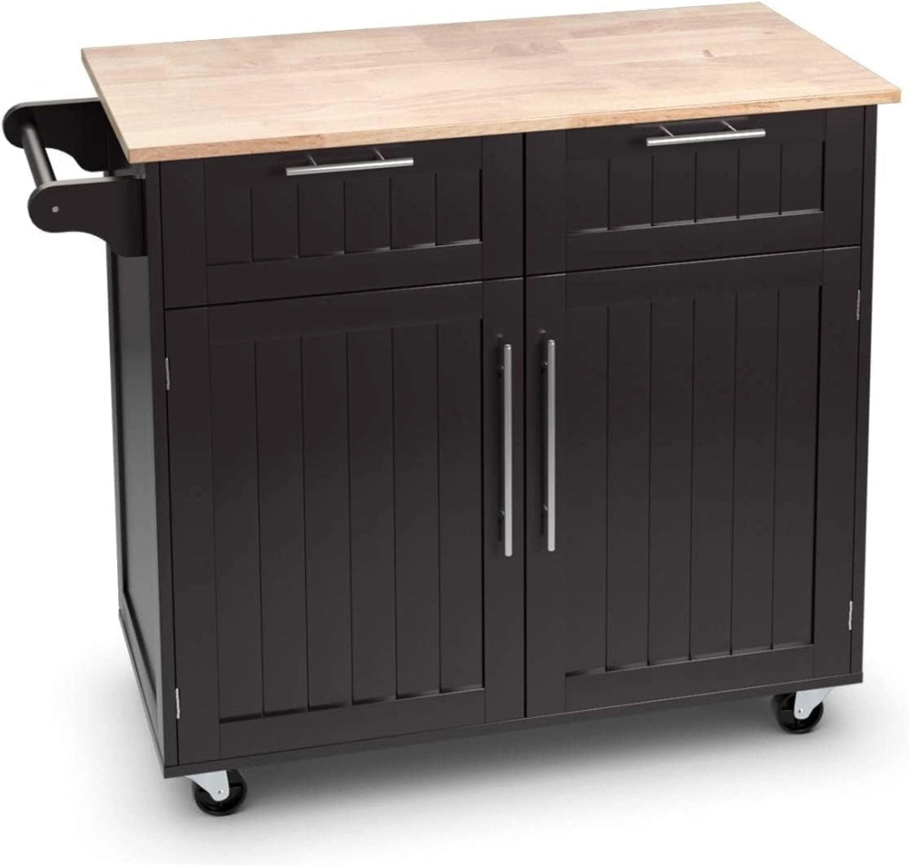 Carrello da Cucina in Legno con Piano di Lavoro, Armadio da Cucina su Ruote, Carrello da Portata con Portasciugamani e 2 Cassetti, Isola da Cucina Mobile, 3 Colori