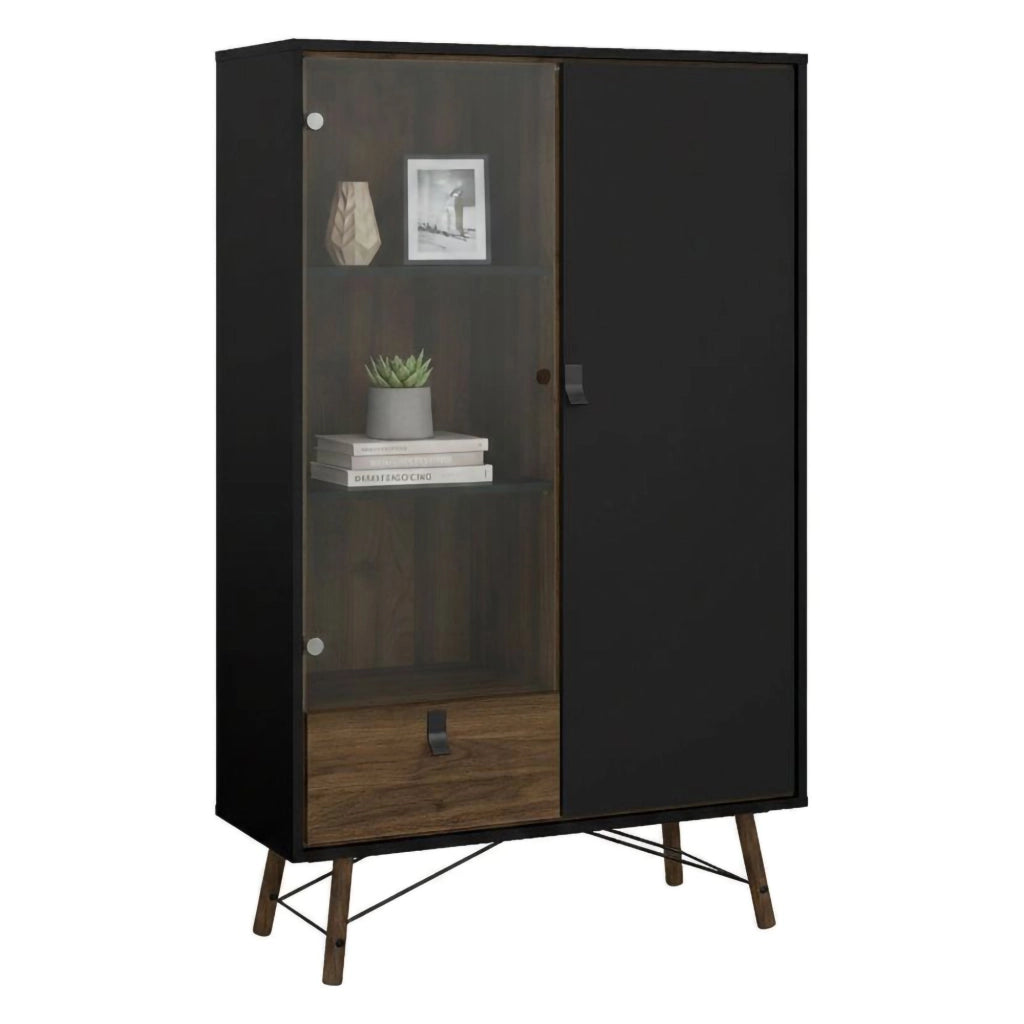 Vetrina Mora, Credenza espositiva, Vetrinetta multiuso, Madia da soggiorno, 102x40 h162 cm, Nero e Noce