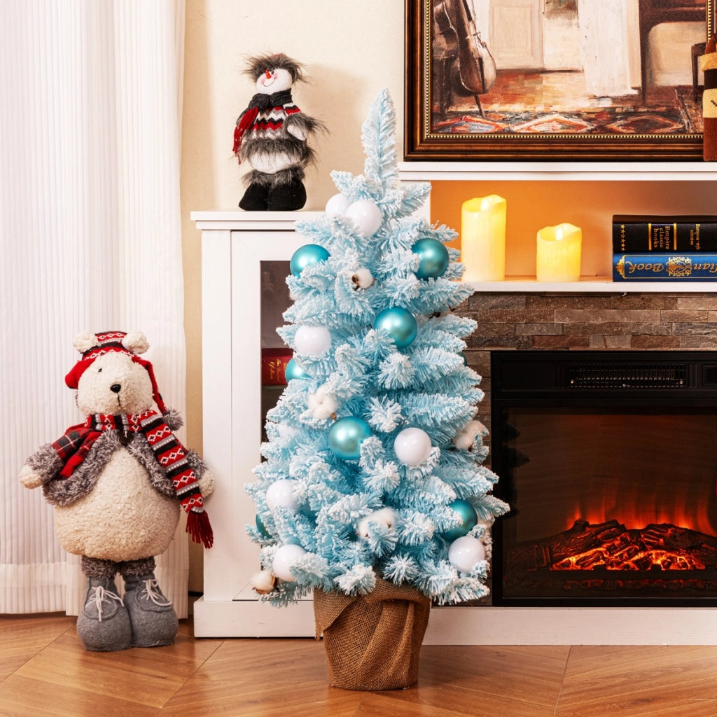Albero di Natale artificiale mini da 90cm con 12 palline di cotone naturale, Albero da tavolo decorato Blu e bianco-Alberi di Natale