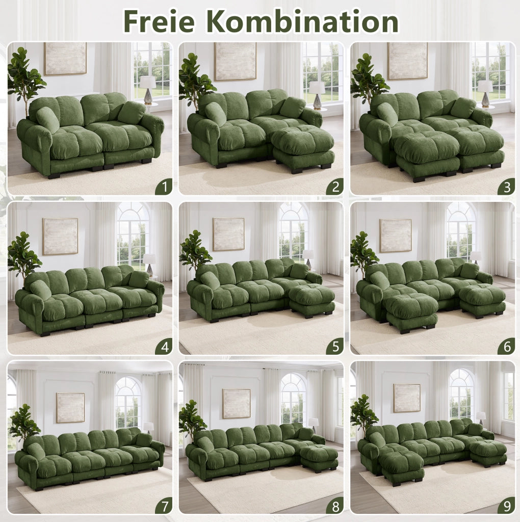 Divano modulare angolare a L 2 posti con pouf mobile 190x149x90 cm in chenille verde