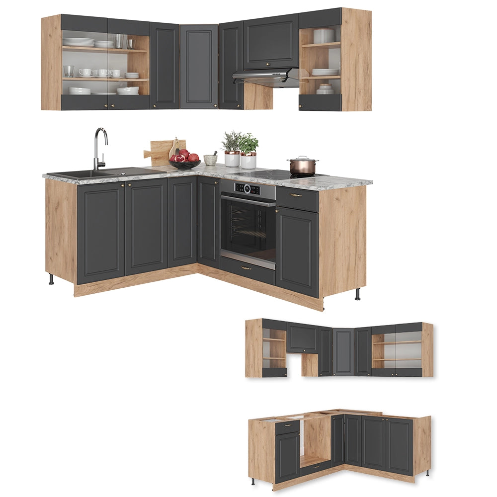 Cucina angolare completa Fame-Line Antracite rustico/Rovere dorato 190 x 46 cm senza piano di lavoro Vicco