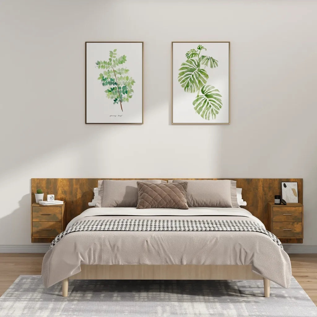 Testiera Letto con Comodini-Testiera con Contenitore in Legno Multistrato Rovere Fumo 963028