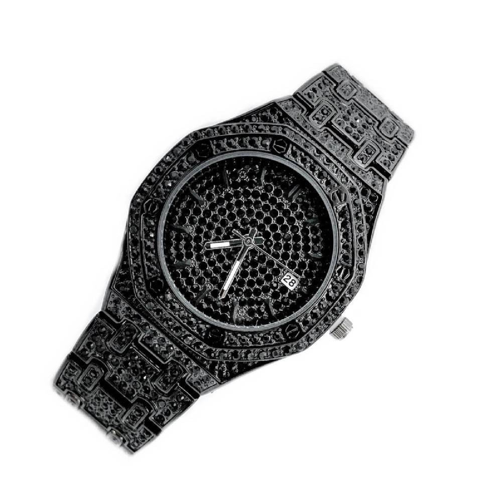 Trade Shop - Orologio Polso Zcc Octagon Quarzo Acciaio Moda Brillantini Data Analogico Nero -