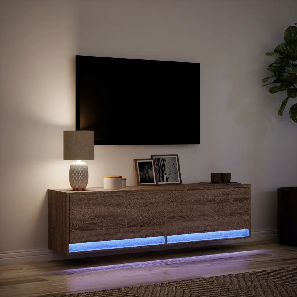 Mobile TV a Parete con Luci LED Rovere Marrone 140x31x38 cm 852375