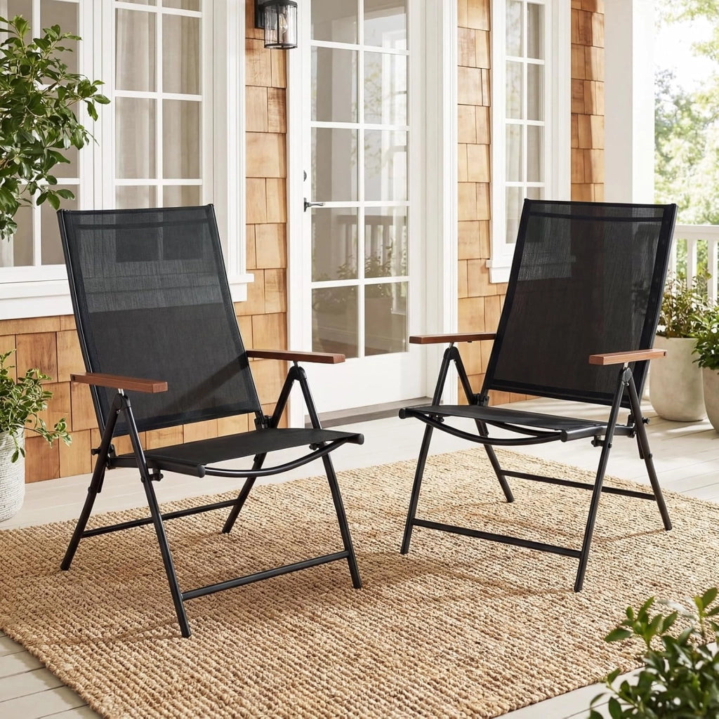 Set di 2/4 Sedie da Giardino Pieghevole, Struttura in Metallo, Poltrona in Tessuto Traspirante, Schienale Regolabile, per Balcone, Giardino, Terrazzo, Portata 150 kg (4,Nero)