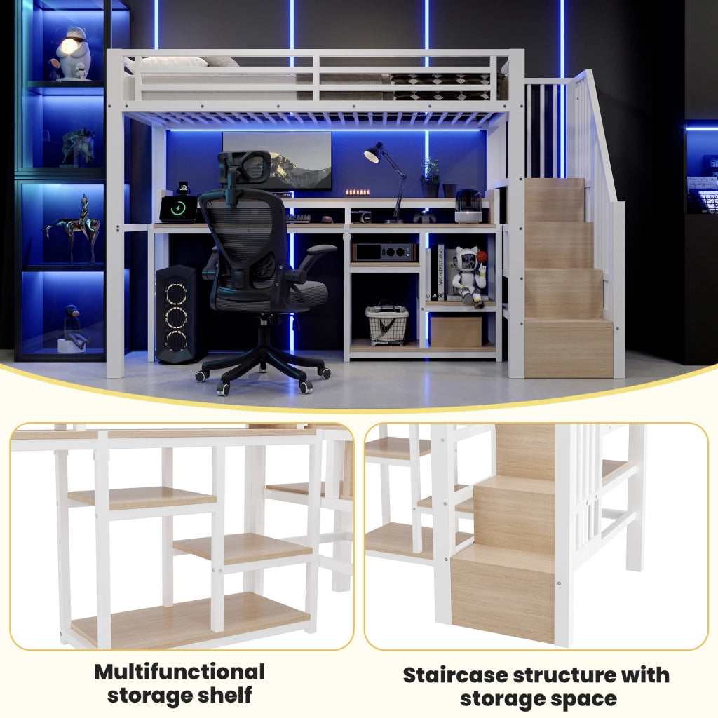 Letto a soppalco in metallo 90x200 cm, letto alto per bambini e ragazzi con scala contenitore, prese USB/Type-C, ripiano e illuminazione LED, bianco