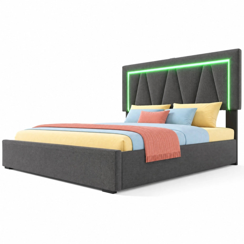 Letto matrimoniale 140x200 cm con LED; USB e Type-C; contenitore; in lino grigio