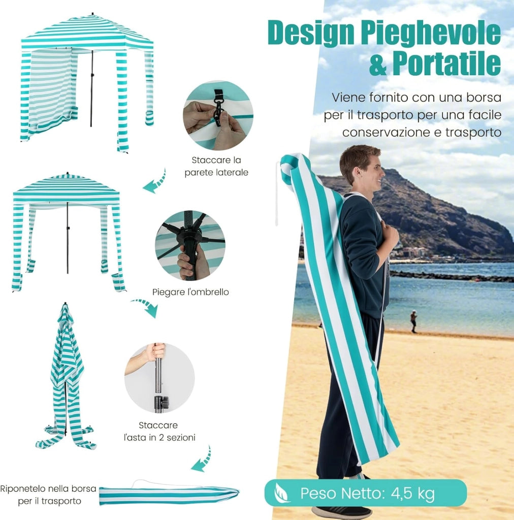 Tenda da Spiaggia Pieghevole 183 x 183 cm, Tenda da Mare con Borsa di Trasporto, Parete Removibile e 8 Tasche per Sabbia, per Spiaggia, Campeggio e Picnic (Verde e Bianco, 183 x 183 cm)