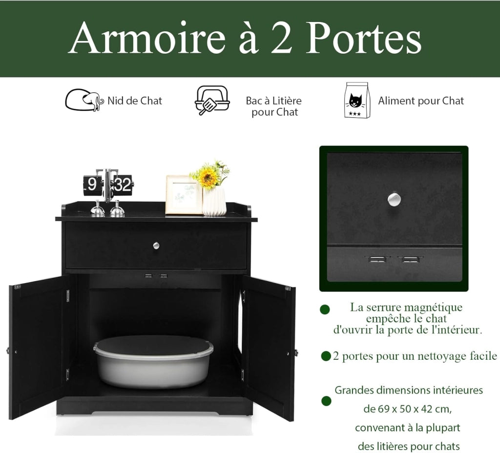 Mobile Lettiera per Gatti con 2 Ante e Cassetto, Armadio per Gatto in Legno con Ingresso Laterale, Grotta Rifugio Multiuso per Soggiorno, Camera da Letto e Ingresso, 76 x 53 x 74 cm (Nero)