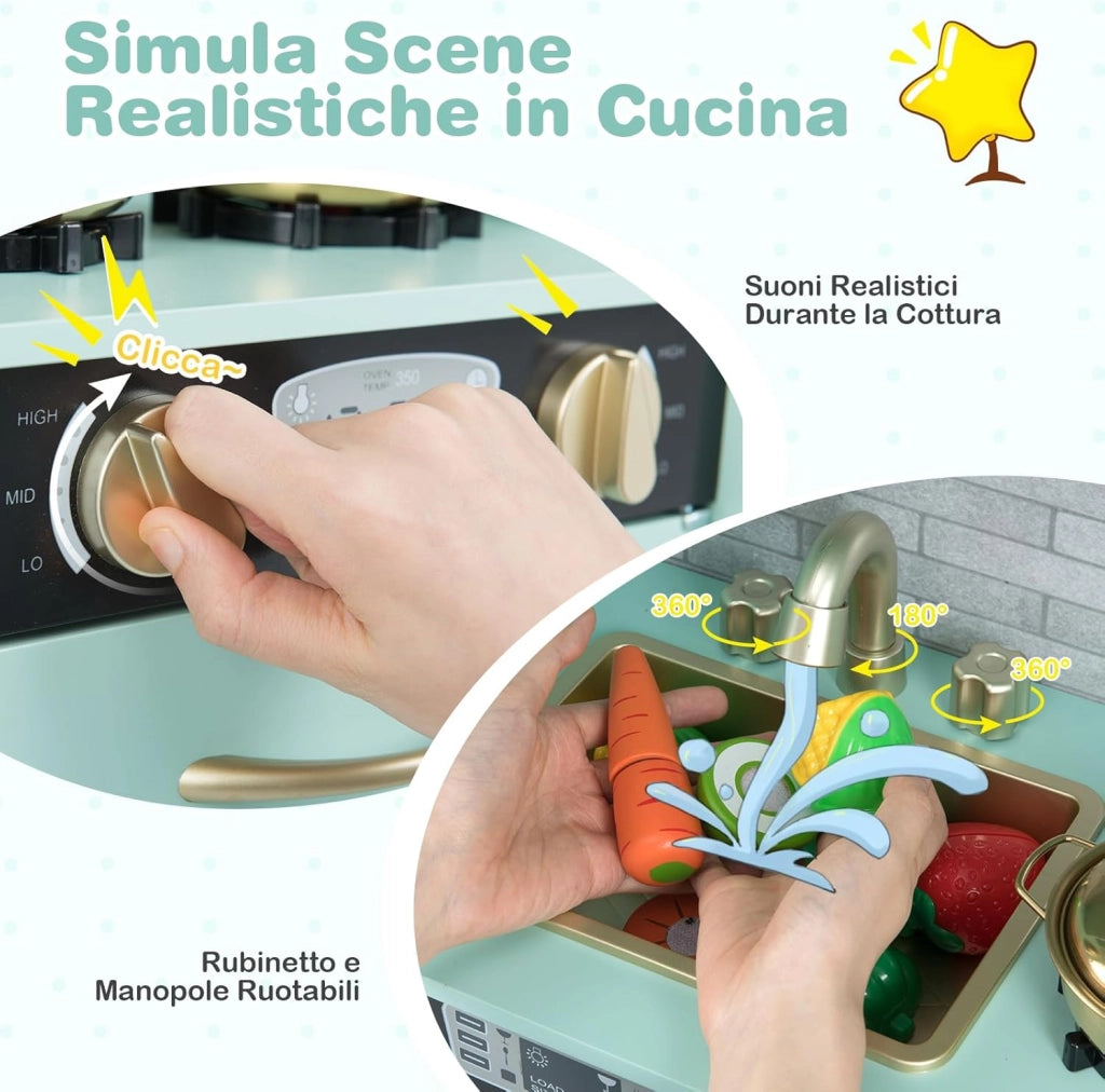 Set da Cucina per Bambini con Lavagna, Telefono, Microonde, Fabbricatore di Ghiaccio, Giocattolo da Cucina in Legno con Accessori e Suoni Simulati per Ragazzi di 3-6 Anni (Verde Menta)