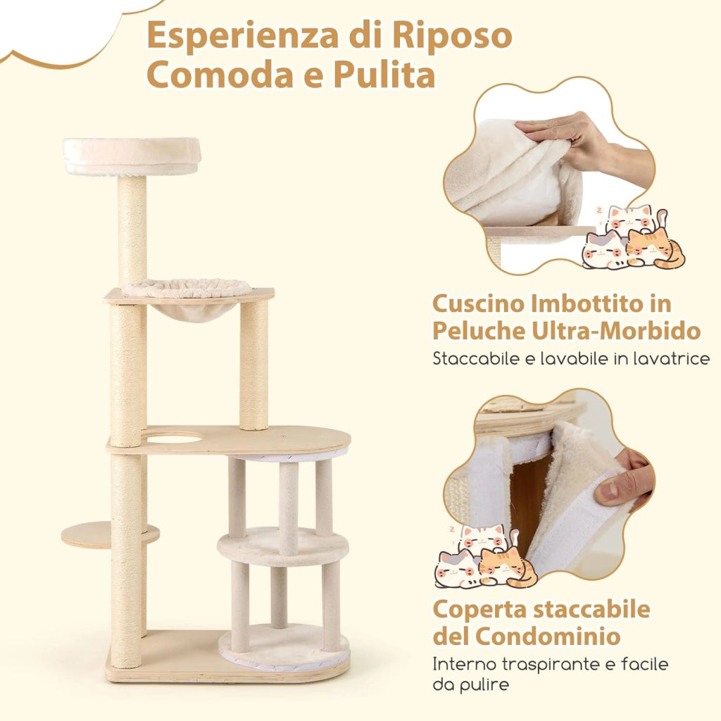 Albero per Gatti 151 cm, Tiragraffi per Gatti Adulti con Condo a 2 Piani, Tiragraffi in Sisal e Tappetino, Amaca e Cuscino, Mobile per Animali Domestici
