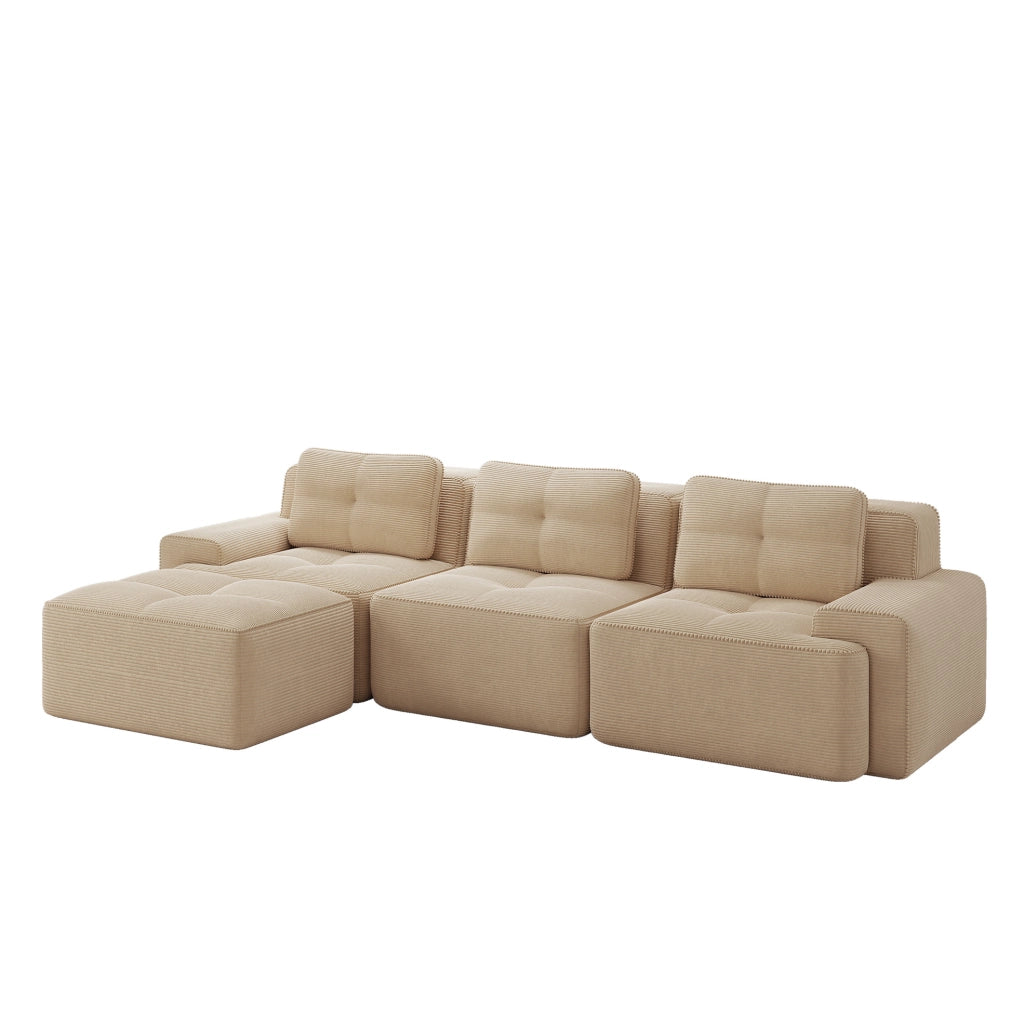 Divano modulare in velluto a coste beige; design boneless con seduta profonda e senza montaggio
