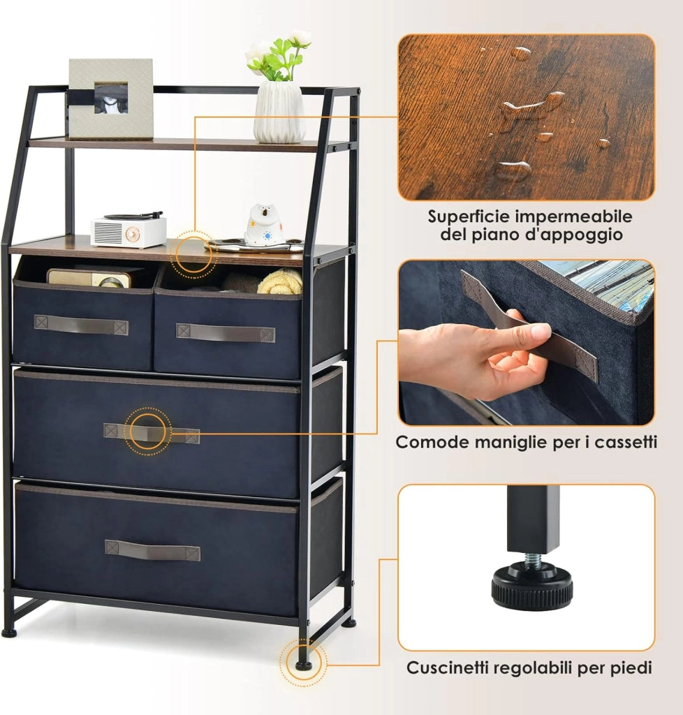 Cassettiera con 4 Cassetti in Tessuto, Mobiletto Contenitore con 2 Ripiani Aperti, Comò per Camera da Letto Armadio Soggiorno e Ingresso, Stile Industriale