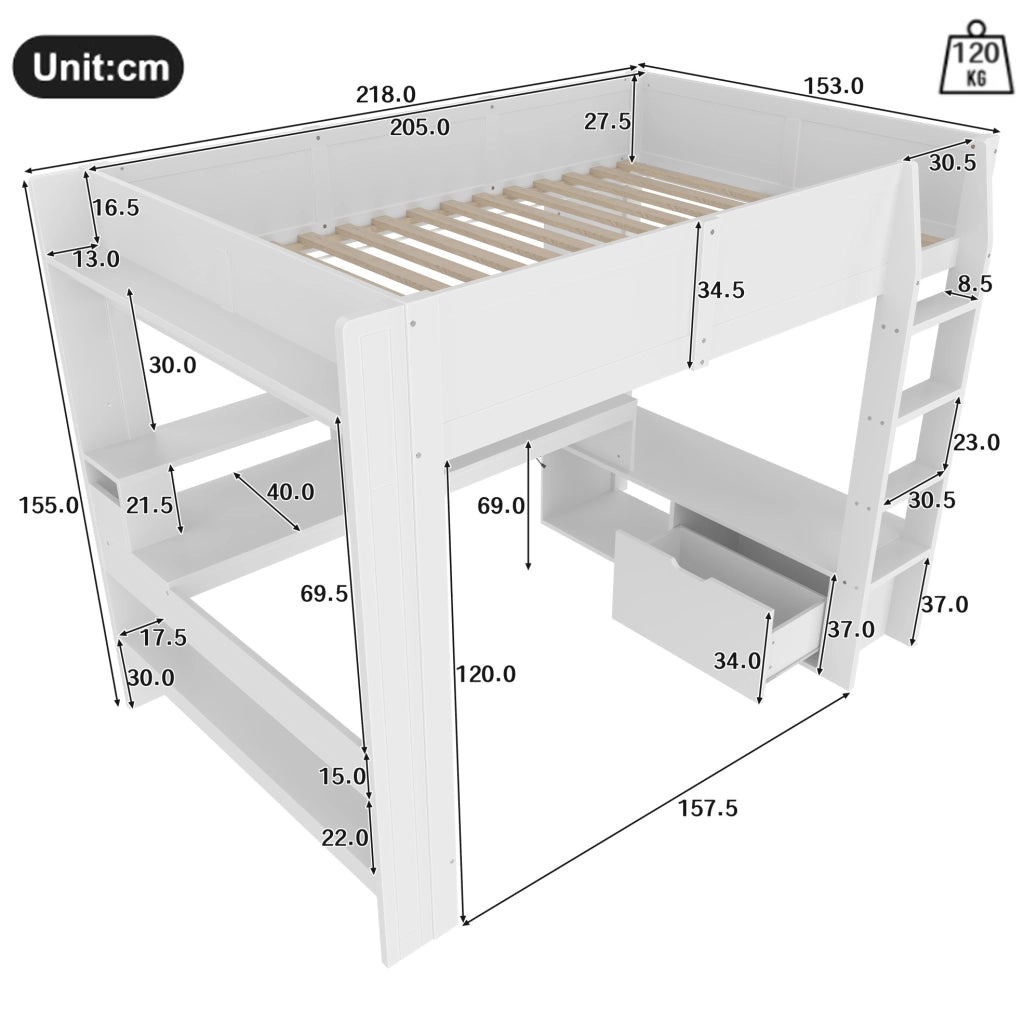Letto a soppalco 140x200 cm con scrivania, LED e contenitori