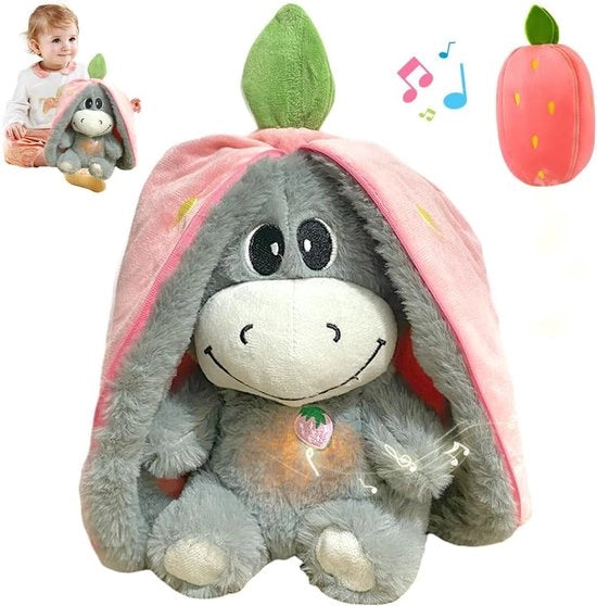 Esello pluche animato - ademazione pluche a forma di fragola - regolabile su 4 livelli - movimento respiratorio realistico - illuminato e musicale - pluche esello per bambini