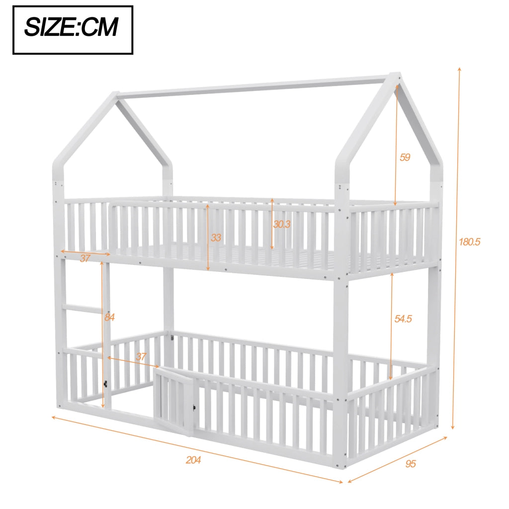 Letto a castello in metallo 90x200 cm bianco con scala frontale e porta apribile, design a casetta