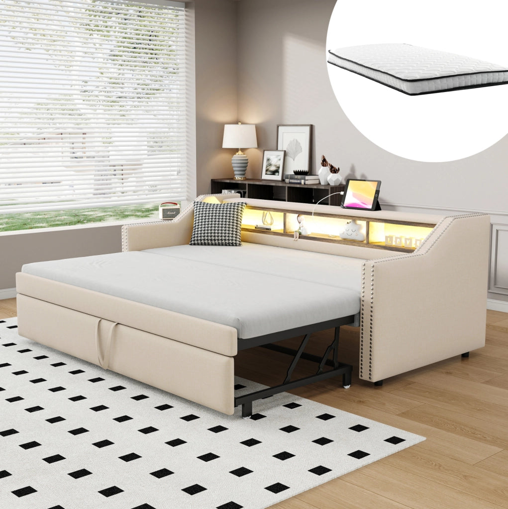 Divano letto imbottito ULEVR 90/180x190 cm estraibile con LED, USB e 3 vani laterali, beige