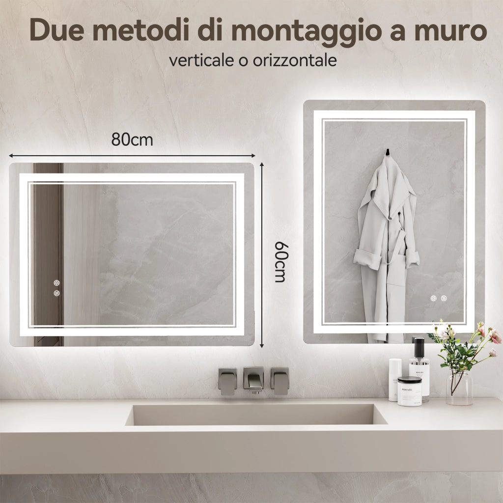 Specchio da Bagno LED 80x60cm - RATTANTREE - Specchio per il Trucco con Illuminazione a 3 colore con controllo a sfioramento - Specchio da Bagno Antiappannamento