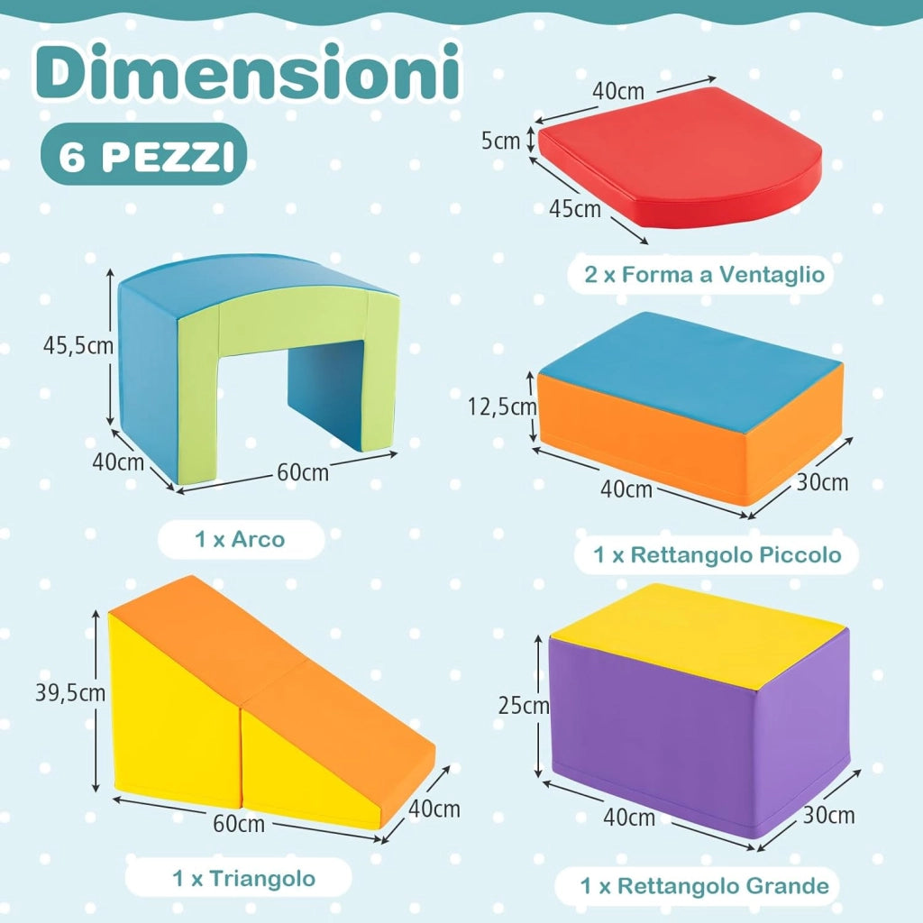 6 Blocchi di Schiuma per Arrampicata, Gioco Morbido per Bambini, Set di Costruzioni Colorate per Arrampicarsi e Strisciare con Tunnel, Scale e Rampetta per Bambini 12 Mesi + (Colorato)