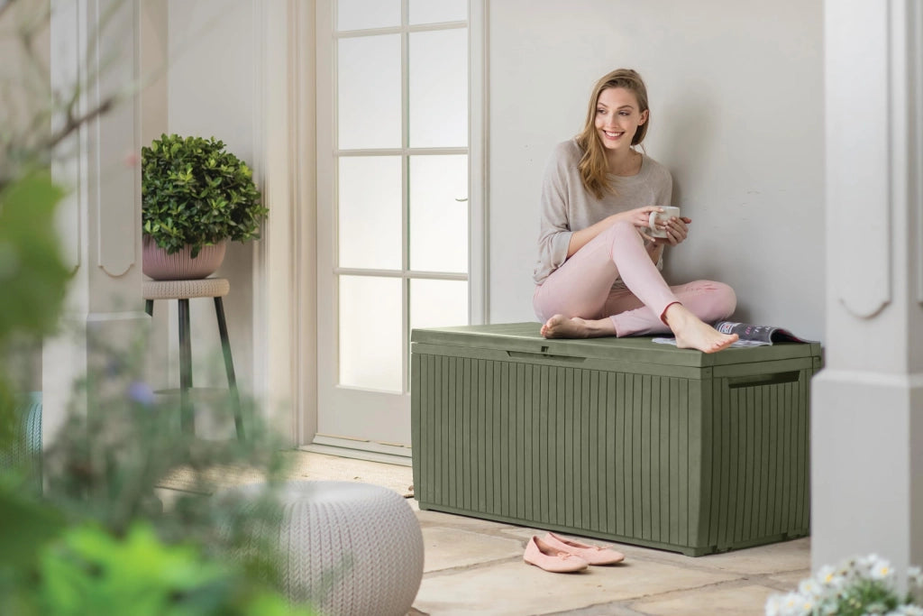 Baule da Esterno Springwood 123X53,5X57 Cm in Resina Effetto Legno Verde