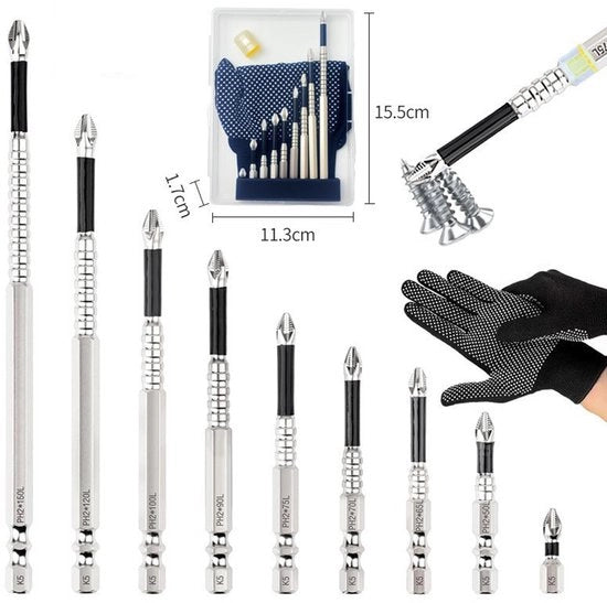 Phillips-schroevendraaier extra dura, alta durezza, resistente alle shock, per attrezzi elettrici, 9 set di bit + 1 apparecchio magnetizzatore + guanti di protezione