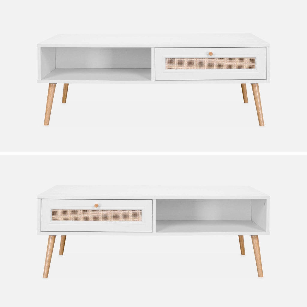 Tavolino scandinavo in vimini, 1 cassetto, bianco sporco