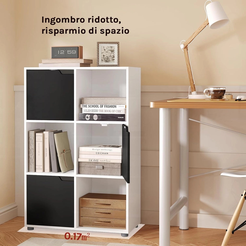 Libreria Armadio a 6 Cubi con Ante Mensola di Legno Portadocumenti Scaffale per Casa e Ufficio Porta Libri CD, Bianco+ Nero, SK001wsz