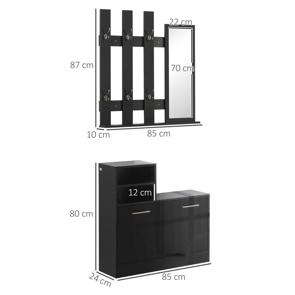 EasyComfort Set Appendi Abiti da Ingresso con Specchio e Scarpiera per 8 Paia di Scarpe, Nero Lucido
