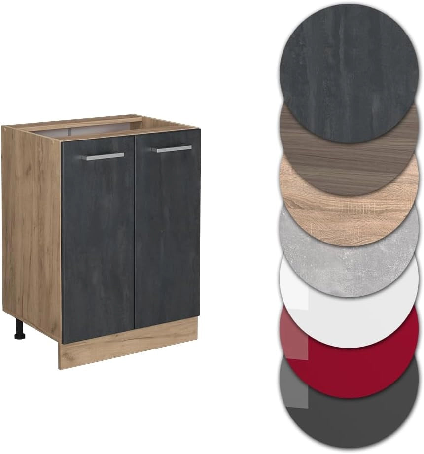Mobiletto base cucina R-Line, Calcestruzzo nero, 60 cm senza piano di lavoro, per la libera combinazione all'interno di sistemi cucina modulari