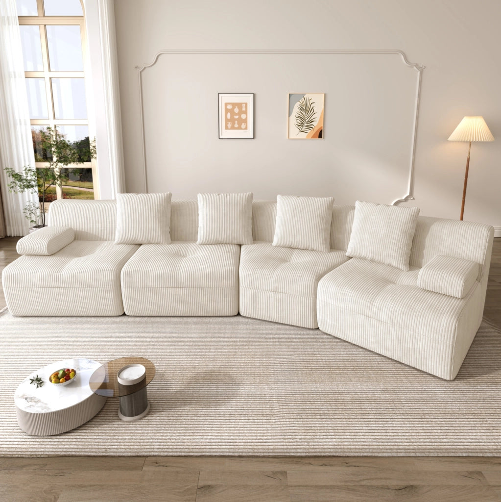 Divano modulare 4 posti in velluto a coste; 4 moduli; 311 x 90 x 65 cm; beige chiaro
