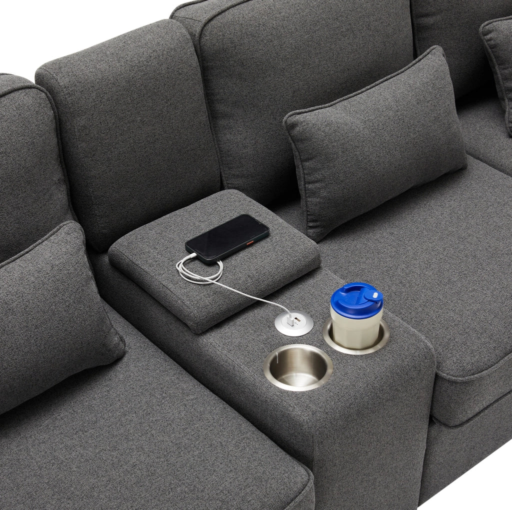 Divano 4 posti con console; 2 portabicchieri e USB; 290 × 83 × 88 cm; effetto lino grigio scuro