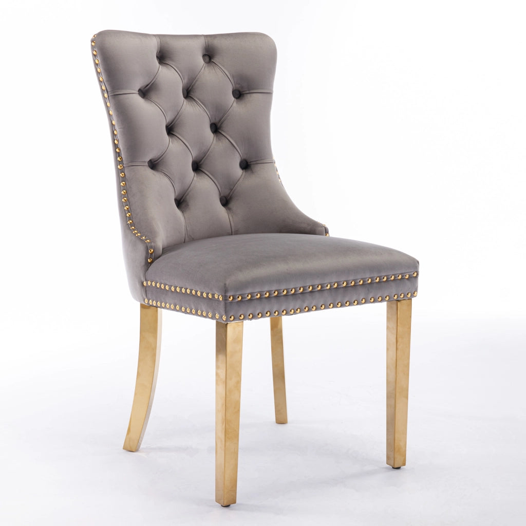 Sedie da Pranzo Imbottite in Velluto ¨C MINIMAL ¨C Set 2 Pezzi, Legno Massello, Gambe Oro, Grigio