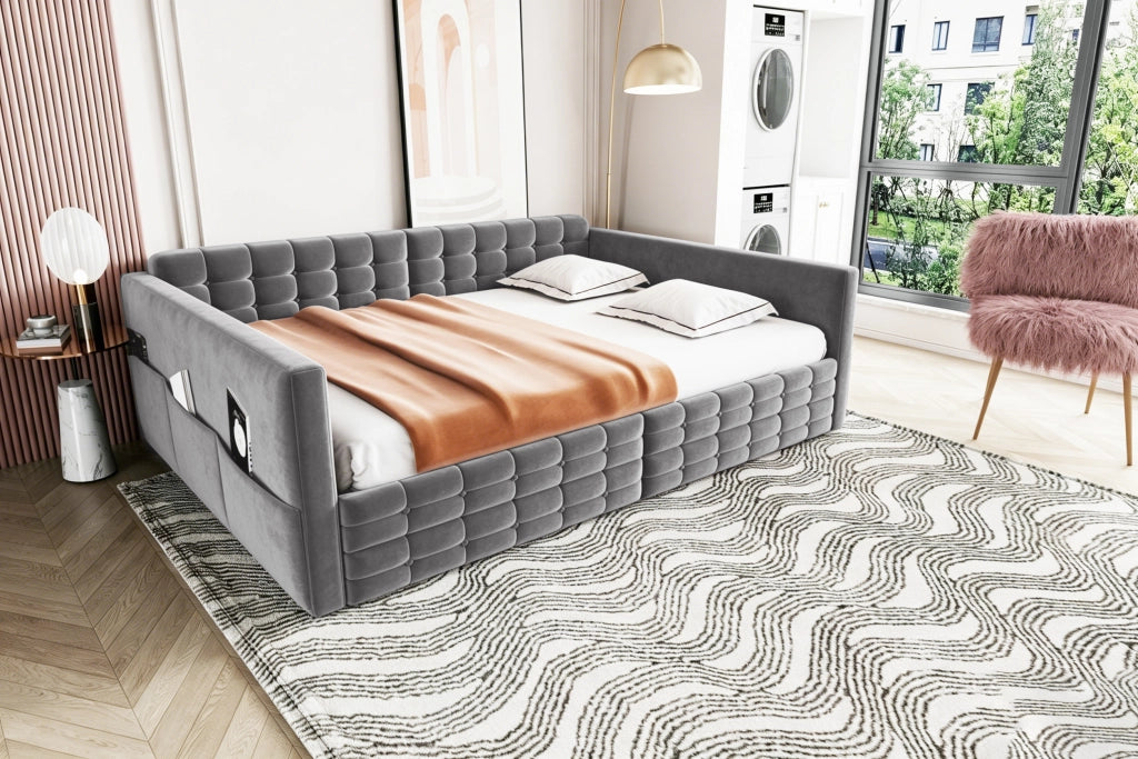 DESMIU Divano letto 140 × 190 cm 2 posti con 2 cassetti, tasche laterali e senza materasso, in velluto, grigio