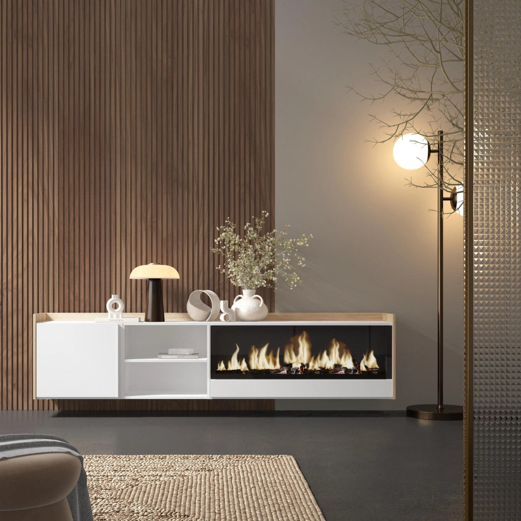Mobile TV Soggiorno, 212x50x35 cm, Per TV fino a 80", Camino elettrico XXL, Sospeso, da appendere, Bianco e Rovere soft