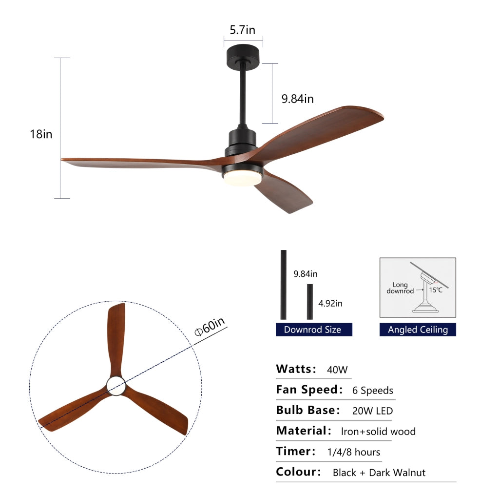 Ventilatore da soffitto 60" in legno massello con LED, telecomando, noce e nero