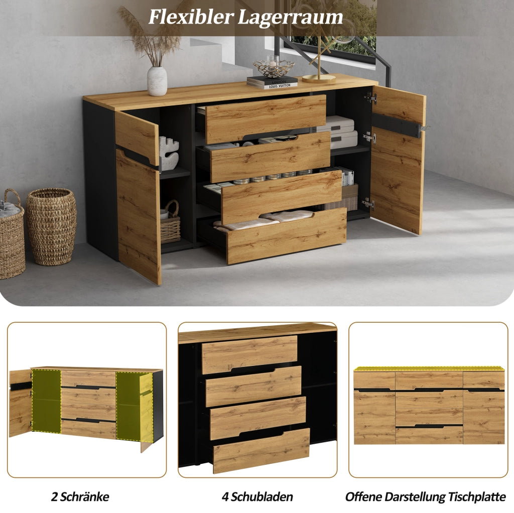 Credenza con 2 ante e 4 cassetti 160x40x80 cm nero e colore legno