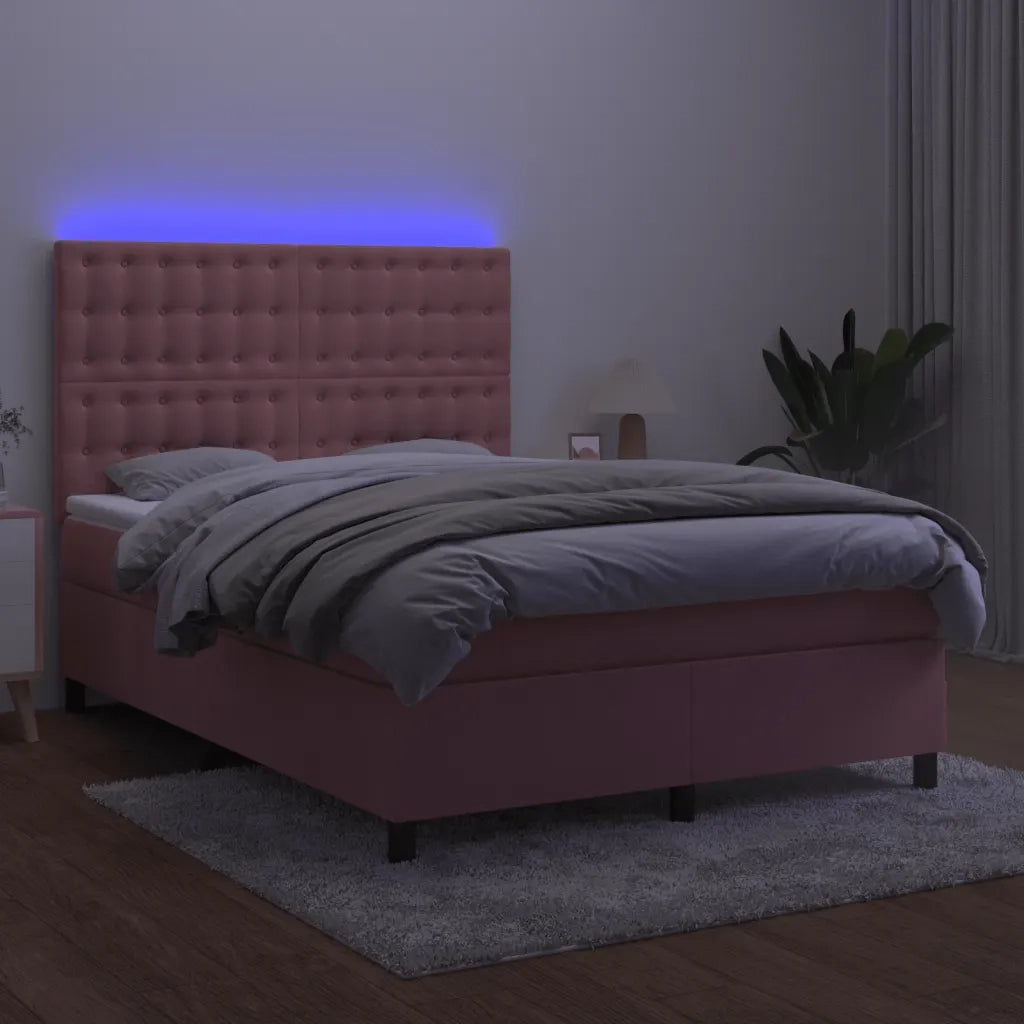 Letto a Molle con Materasso e LED Rosa 140x190 cm in Velluto