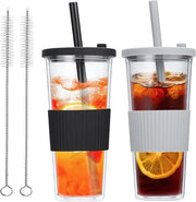 Set di bicchieri per Bubble Tea riutilizzabili 2 pezzi - Bicchiere per drink Boba con coperchio e cannuccia - Bicchiere in plastica isolato a doppia parete - Bicchiere trasparente per caffè e tè di frutta